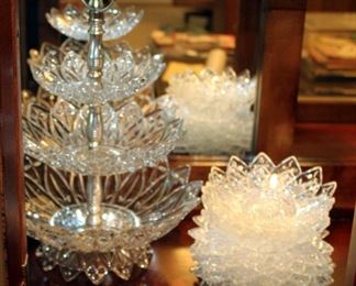 14in Federal Glass 3 Tier Bowl Shaped Glass Pedal Serving Tray With Matching Desert Bowls And Saucers, Qty 12