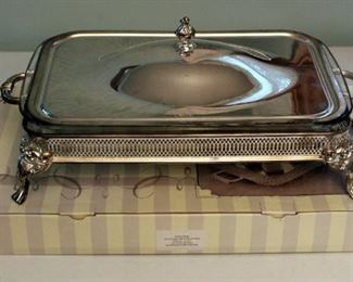 Kirkland's Home Silver Toned Serving Tray In Box And Glass Footed Casserole Dish With Lid