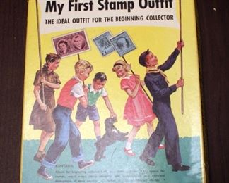 My First Stamp Album Partially Filled, Post Marked Stamp Assortment, Post Cards And More, Contents Of Box