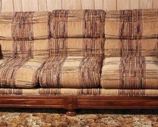Vintage Upholstered 3 Cushion Sofa With Wood Trim And Rolled Arms, 34" x 82" x 37"