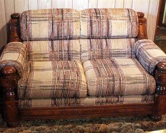 Vintage Upholstered Love Seat, With Wood Trim And Rolled Arms, 35" x 60" x 36"