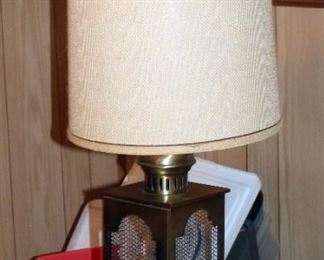 Framed Oil On Canvas Water Scape Signed JME, 27" x 32", And 2 Way Brass Table Lamp, With Drum Shade 32" Tall