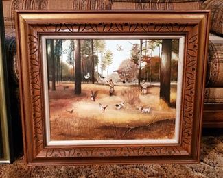 Framed Hand Painted Oil On Canvas, Quail Hunt By Artist Macklin, 23.5" x 28", And Landscape Signed JME, 26" x 29.5'
