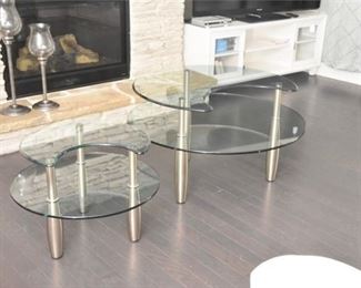 Modern Metal and Glass Tiered Coffee Table and End Table
