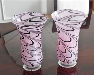Pair Of Pink and Black Art Glass Vases