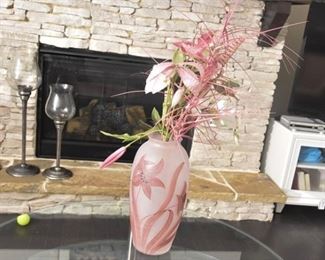 Pink Frosted Glass Floral Pattern vase With Faux Flowers