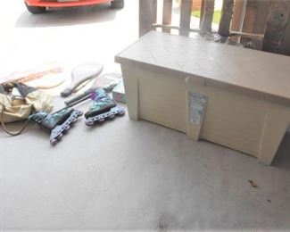 Plastic Storage Chest and Sporting Items