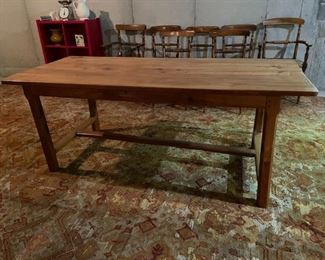 Cherrywood French "H" Stretcher  Farm Table with Slide c 1880.      77" L  x  33" W  x   30" H.