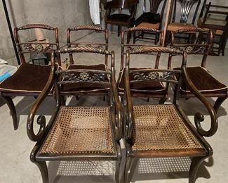  London Regency Decorative Wood and Cane Dining Chairs Circa 1820. Some need recanting