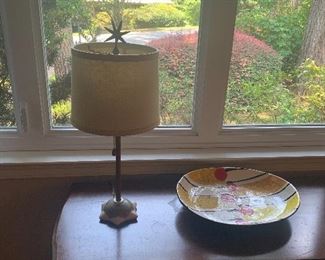 Vintage folk style lamp and signed pottery bowl.
