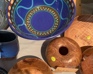 misc. pottery and turned wood items