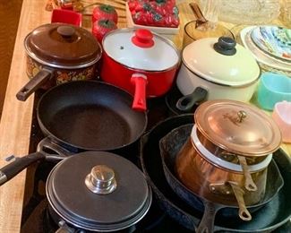 Vintage cast iron, copper, and enamel cookware