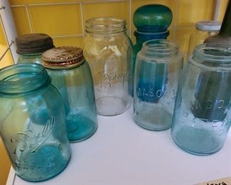 Antique and vintage Mason jars of various ages, Belgium bubble glass apothecary jar