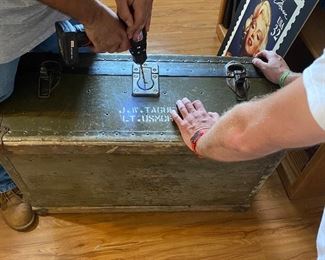 There is a great story here. This WWII era trunk has been locked for decades. We were determined to see what was inside. We were not disappointed. Stay tuned for the contents. It was filled with treasures dating back to the Civil War!