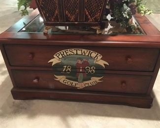Prestwick Golf Club coffee table, 4 drawers, glass top. 37.5" square
