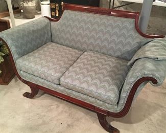 Vintage mahogany Duncan Phyfe style sofa with rolled arms, about 58"