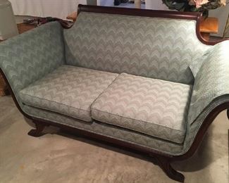 Vintage mahogany Duncan Phyfe style sofa with rolled arms, about 63"