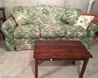 "Katherine" model sofa, about 83"; includes 2 pillows.  Farmhouse style desk/table with drawer and tray.