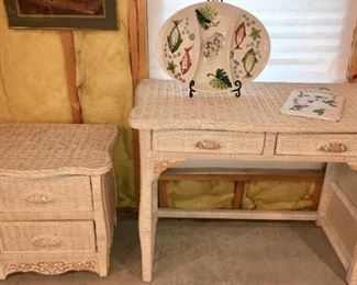 White wicker desk and side table with 2 drawers