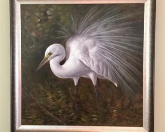 "Egret," oil on canvas, by M. P. Elliott (American, 1900-1982), listed artist. 42"x42". 