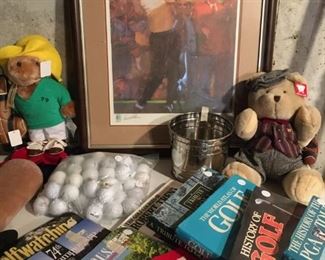 "Arnold Palmer" Ltd. Ed. (309/900) signed print by B. Fuchs, published by World Golf Hall of Fame. 1975 Padding Bear Golfer by Eden. Golfer Bear by Bearland. Books on golfing.