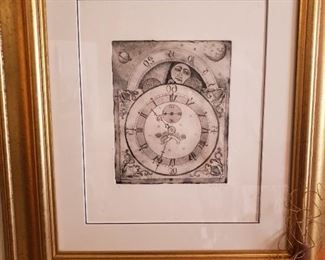 Etching of Grandfather Clock in a mirror