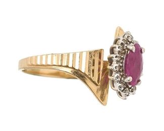 Vintage Mid Century Ruby Diamond 14K Gold Ring,
marquis shape ruby approx. .50 ct, diamonds approx. .15 ct, ring size 9 (sizeable), total weight: 3.3 grams