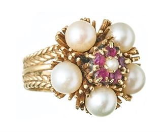 Mid Century Pearl Ruby 14K Gold Cluster Ring, vintage estate, ring size 6 1/2 (sizeable), total weight: 11.2 grams