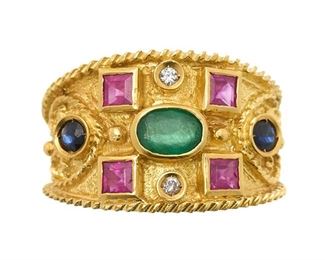 Emerald Ruby Sapphire Diamond 18K Gold Ring, bezel set stones, handcrafted etching and florentine finish, ring size 7 3/4 (sizeable)