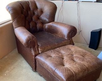 Restoration Hardware Churchill Leather Tufted Chair & Ottoman 39x38x43in HxWxD