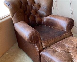 Restoration Hardware Churchill Leather Tufted Chair & Ottoman 39x38x43in HxWxD