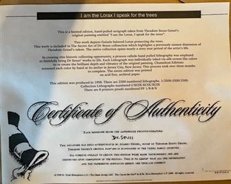 Dr Seuss I Am The Lorax. I Speak For Trees Limited Edition Serigraph Lithograph 2500 Frame: 17x21. Art: 11x15in HxWxD