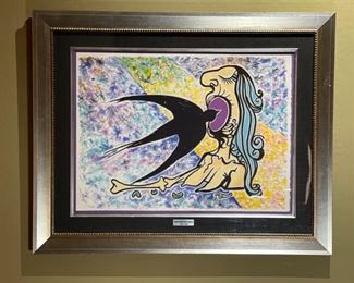 Signed Salvador Dali L'hirondelle Lithograph The Swallow Litho Frame: 28.5x35.5. Image: 18.75x25.5in HxWxD