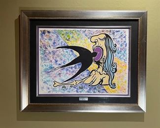 Signed Salvador Dali L'hirondelle Lithograph The Swallow Litho Frame: 28.5x35.5. Image: 18.75x25.5in HxWxD