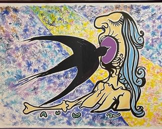 Signed Salvador Dali L'hirondelle Lithograph The Swallow Litho Frame: 28.5x35.5. Image: 18.75x25.5in HxWxD