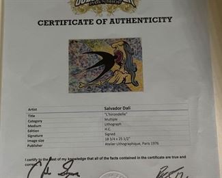 Signed Salvador Dali L'hirondelle Lithograph The Swallow Litho Frame: 28.5x35.5. Image: 18.75x25.5in HxWxD