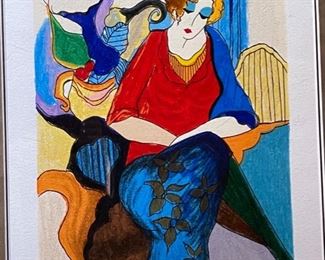 Signed Itzchak Tarkay Waiting Serigraph Numbered Lithograph Frame: 21.75x18.75. Image: 11.5x8.25in HxWxD