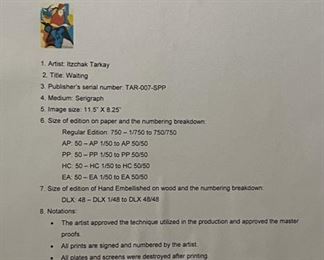 Signed Itzchak Tarkay Waiting Serigraph Numbered Lithograph Frame: 21.75x18.75. Image: 11.5x8.25in HxWxD