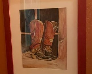Original Watercolor Cowboy Boots Painting Frame; 23 x 19 image: 14x10.75 HxWxD