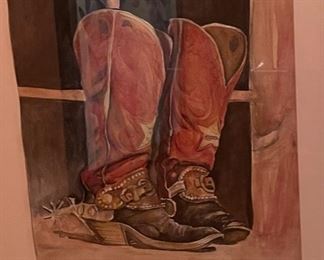 Original Watercolor Cowboy Boots Painting Frame; 23 x 19 image: 14x10.75 HxWxD