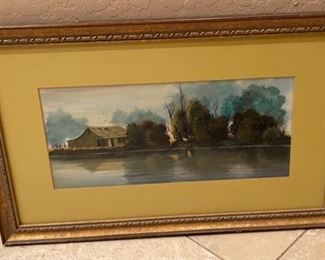 Robert Banister Original Art Shack on River Bank Frame: 15 x 23.5. Image: Seven7 x 16 HxWxD