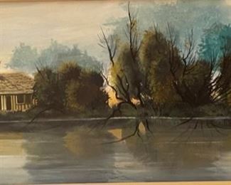 Robert Banister Original Art Shack on River Bank Frame: 15 x 23.5. Image: Seven7 x 16 HxWxD