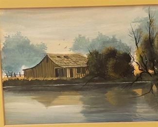 Robert Banister Original Art Shack on River Bank Frame: 15 x 23.5. Image: Seven7 x 16 HxWxD