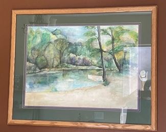 Original Watercolor Pond Scene Frame: 31x38in HxWxD