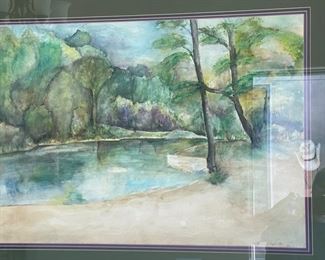 Original Watercolor Pond Scene Frame: 31x38in HxWxD