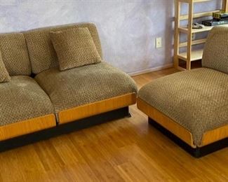 2pc 1970s Thonet Bent Plywood Plush Armless Loveseat & Chair PAIR Sofa Couch Bentwood Molded Wood	Loveseat: 28x56.5x34. Seat: 24.5 chair:28x29x34in seat:  14.5in	HxWxD
