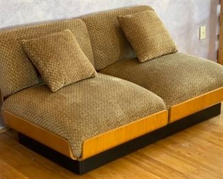 2pc 1970s Thonet Bent Plywood Plush Armless Loveseat & Chair PAIR Sofa Couch Bentwood Molded Wood	Loveseat: 28x56.5x34. Seat: 24.5 chair:28x29x34in seat:  14.5in	HxWxD
