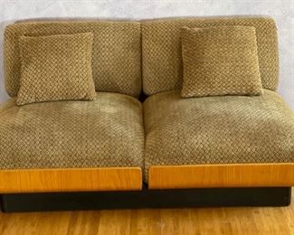 2pc 1970s Thonet Bent Plywood Plush Armless Loveseat & Chair PAIR Sofa Couch Bentwood Molded Wood	Loveseat: 28x56.5x34. Seat: 24.5 chair:28x29x34in seat:  14.5in	HxWxD
