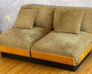 2pc 1970s Thonet Bent Plywood Plush Armless Loveseat & Chair PAIR Sofa Couch Bentwood Molded Wood	Loveseat: 28x56.5x34. Seat: 24.5 chair:28x29x34in seat:  14.5in	HxWxD
