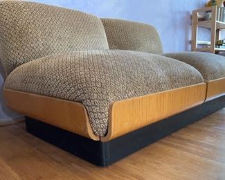 2pc 1970s Thonet Bent Plywood Plush Armless Loveseat & Chair PAIR Sofa Couch Bentwood Molded Wood	Loveseat: 28x56.5x34. Seat: 24.5 chair:28x29x34in seat:  14.5in	HxWxD
